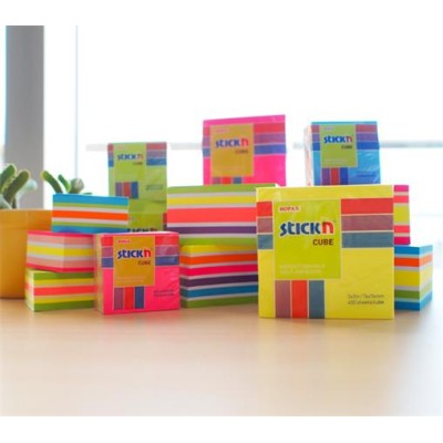 Öntapadó kockatömb, 76x76mm, 400 lap, STICK N, neon szivárvány