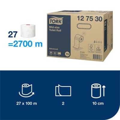 Toalettpapír, T6 rendszer, 2 rétegű, 13,2 cm átmérő, Advanced, TORK "Mid-size", fehér