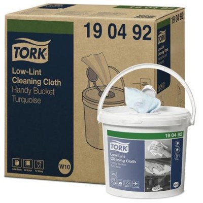 Tisztítókendő, szöszszegény, 1 rétegű, 200 db, hordozható vödörben, W10 rendszer,TORK, türkizkék