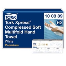 Kéztörlő, tömörített, Interfold, 2 réteg, 225 lap, H2 rendszer, Premium, TORK "Xpress Soft Multifold", fehér