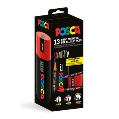 Dekormarker készlet, Posca fém dobozos, UNI "Posca", 13 különböző szín