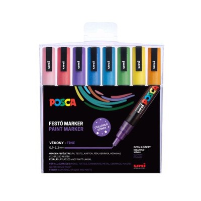 Dekormarker készlet, 0,9-1,3 mm, UNI "Posca PC-3ML", 8 különböző csillogó szín