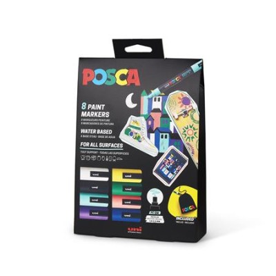 Dekormarker készlet, 1,8-2,5 mm, UNI "Posca Pouch PC-5M", 8 különböző szín, tartóval