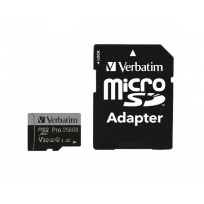 Memóriakártya, microSDXC, 256GB, CL10/U3/A2, 100/90 MB/s, adapter, VERBATIM "PRO" Memóriakártya, microSDXC, 256GB, CL10/U3/A2, 100/90 MB/s, adapter, VERBATIM "PRO"