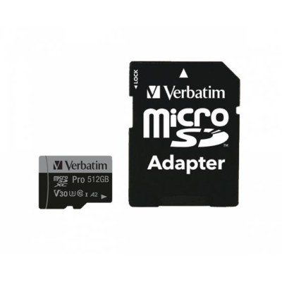 Memóriakártya, microSDXC, 512GB, CL10/U3/A2, 100/90 MB/s, adapter, VERBATIM "PRO" Memóriakártya, microSDXC, 512GB, CL10/U3/A2, 100/90 MB/s, adapter, VERBATIM "PRO"