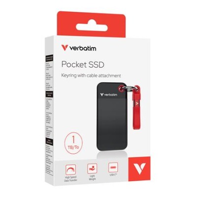SSD (külső memória) 1TB, USB 3.2 Gen2, VERBATIM "Pocket SSD", fekete/piros SSD (külső memória) 1TB, USB 3.2 Gen2, VERBATIM "Pocket SSD", fekete/piros