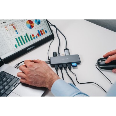 USB elosztó-HUB, USB-C PD/2xHDMI/VGA/LAN/3xUSB/USB-C/2xUSB 2.0/SD/mSD/3,5jack VERBATIM