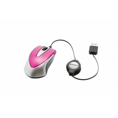 Egér, vezetékes, optikai, kisméret, USB, VERBATIM "Go Mini", ezüst-ciklámen