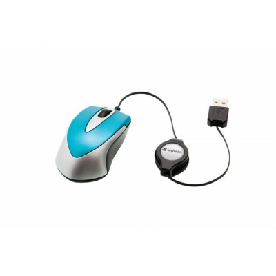 Egér, vezetékes, optikai, kisméret, USB, VERBATIM "Go Mini", ezüst-karibikék