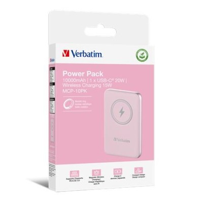 Power bank, mágneses (vezeték nélküli), 10.000mAh, VERBATIM "MCP-10, rózsaszín Power bank, mágneses (vezeték nélküli), 10.000mAh, VERBATIM "MCP-10, rózsaszín