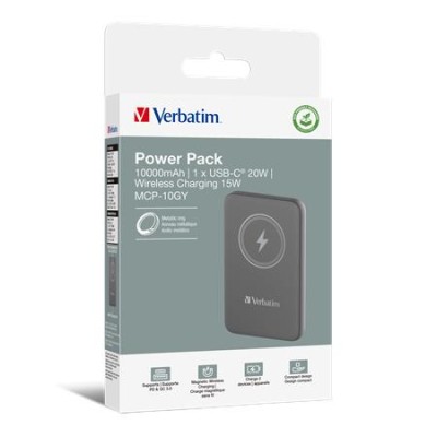 Power bank, mágneses (vezeték nélküli), 10.000 mAh, VERBATIM "MCP-10, szürke Power bank, mágneses (vezeték nélküli), 10.000 mAh, VERBATIM "MCP-10, szürke