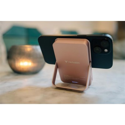 Power bank, mágneses (vezeték nélküli), 10.000mAh, VERBATIM "Charge n Go", rózsaszín