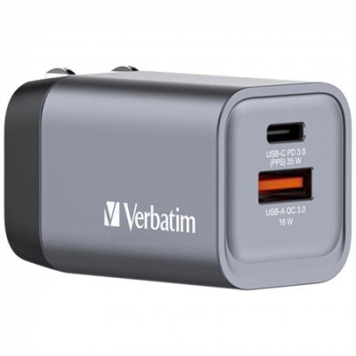 Hálózati töltő, 1xUSB-C PD (35W), USB-A QC 3.0, EU/UK/US, GaN, VERBATIM