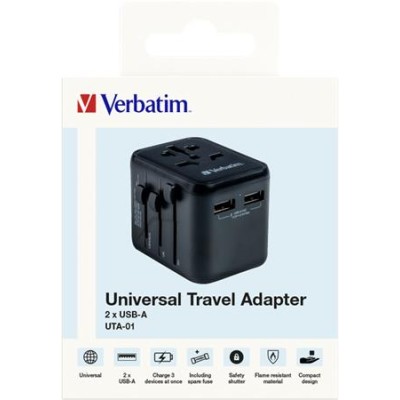 Utazó adapter, univerzális, 2xUSB, VERBATIM "UTA-01"
