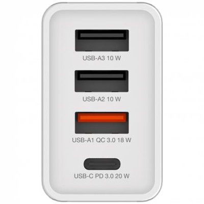 Hálózati töltő, 1xUSB-C PD (20W), USB-A QC 3.0, 2xUSB-A (10W), VERBATIM, fehér