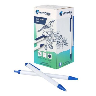 Golyóstoll, 0,7 mm, nyomógombos, kék-fehér tolltest, VICTORIA OFFICE, kék