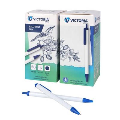 Golyóstoll, 0,7 mm, nyomógombos, kék-fehér tolltest, VICTORIA OFFICE, kék