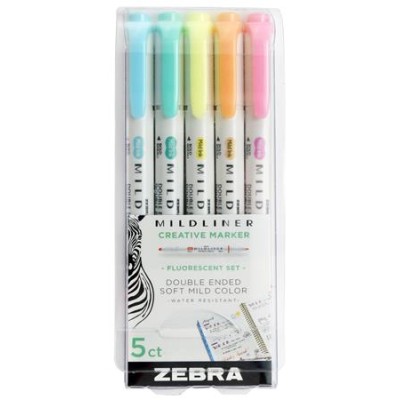 Szövegkiemelő készlet, 1,0/3,5 mm, kétvégű, ZEBRA "Mildliner Fluorescent", 5 szín