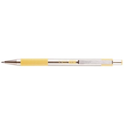 Golyóstoll, 0,24 mm, nyomógombos, rozsdamentes acél, pasztellsárga tolltest, ZEBRA "F-301", kék