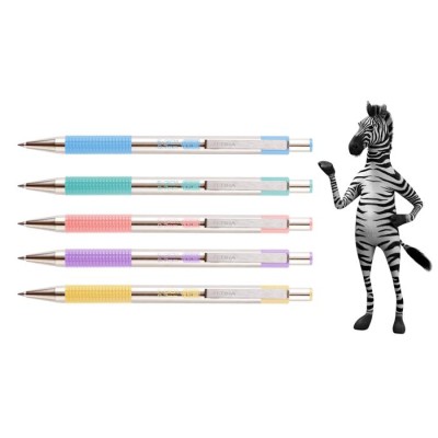 Golyóstoll, 0,24 mm, nyomógombos, rozsdamentes acél, pasztell rózsaszín tolltest, ZEBRA "F-301", kék