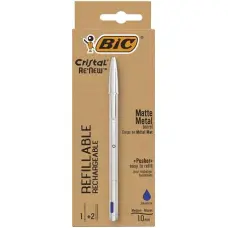 Golyóstoll 0,32 mm, kupakos, matt ezüst színű tolltest, BIC "Cristal Re`New", kék + betét