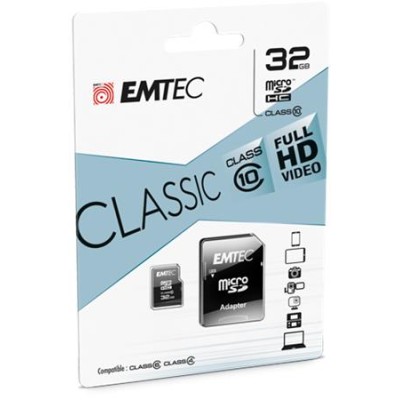 Memóriakártya, microSDHC, 32GB, CL10, 20/12 MB/s, adapter, EMTEC "Classic"