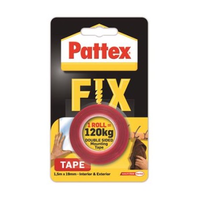 Ragasztószalag, kétoldalas, 19 mm x 1,5 m, HENKEL "Pattex Fix 120 kg",  piros