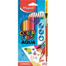 Akvarell ceruza készlet, háromszögletű, ecsettel, MAPED "Color`Peps", 12 különböző szín