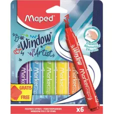 Ablakfilc készlet, vastag, törlőkendővel, 5 mm, MAPED "Marker`Peps", 6 különböző szín