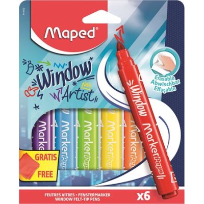 Ablakfilc készlet, vastag, törlőkendővel, 5 mm, MAPED "Marker`Peps", 6 különböző szín