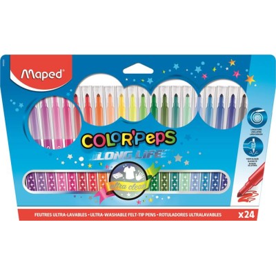 Filctoll készlet, mosható, MAPED "Color`Peps Long Life", 24 különböző szín