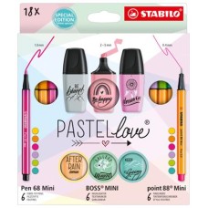 Írószer szett, STABILO, "Mini World Pastellove", 18 különböző szín