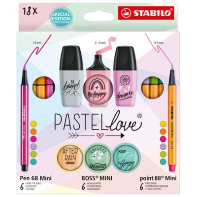 Írószer szett, STABILO, "Mini World Pastellove", 18 különböző szín