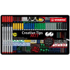 Tűfilc készlet, fém doboz, STABILO "Creative Tips ARTY", 6 különböző szín, 5 különböző vastagság