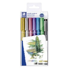 Dekormarker, 1-2 mm, kúpos, STAEDTLER "8323", 6 különböző metál szín, ajándék fekete tusfilccel