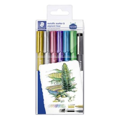 Dekormarker, 1-2 mm, kúpos, STAEDTLER "8323", 6 különböző metál szín, ajándék fekete tusfilccel