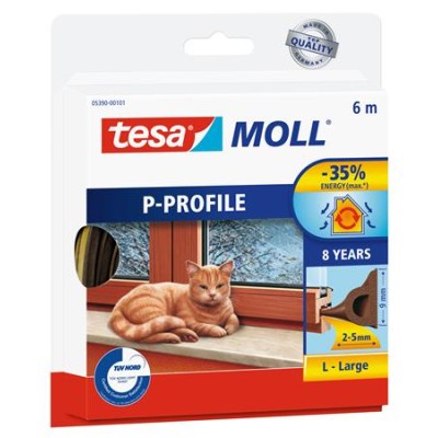 Ajtó- és ablaktömítő szalag, 9 mm x 6 m, TESA "tesamoll® P profil", barna