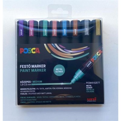 Dekormarker készlet, 1,8-2,5 mm, UNI "Posca PC-5M", 8 különböző metál szín