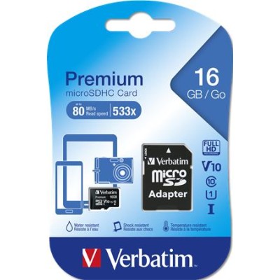 Memóriakártya, microSDHC, 16GB, CL10/U1, 45/10 MB/s, adapter, VERBATIM "Premium"