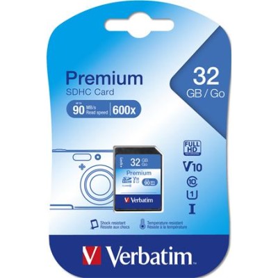 Memóriakártya, SDHC, 32GB, CL10/U1, 90/10 MB/s, VERBATIM "Premium"