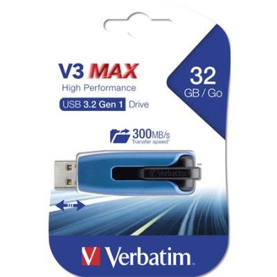 Pendrive, 32GB, USB 3.2, 175/80 MB/s, VERBATIM "V3 MAX", kék-fekete