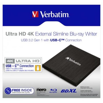 Blu-ray író, (külső meghajtó), 4K Ultra HD, USB 3.1 GEN 1 USB-C, VERBATIM "Slimline"