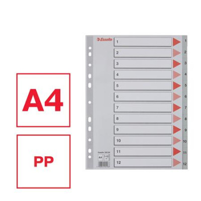 Regiszter, műanyag, A4, 1-12, ESSELTE, szürke