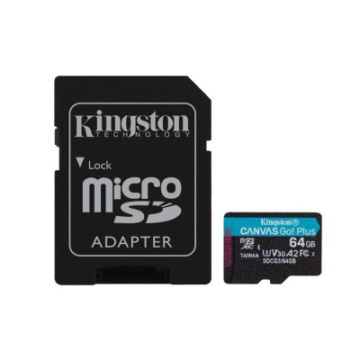 Memóriakártya, microSDXC, 64GB, C10/UHS-I/U3/V30/A2, adapter, KINGSTON "Canvas Go! Plus"