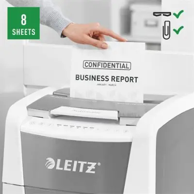 Iratmegsemmisítő, mikrokonfetti, 300 lap, LEITZ "IQ AutoFeed Office 300 P5 Pro"