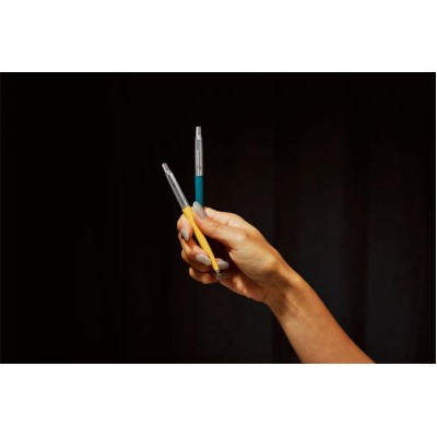 Golyóstoll szett, 0,7 mm, ezüst színű klip, kék és sárga tolltest, PARKER "Jotter Glam Rock", kék