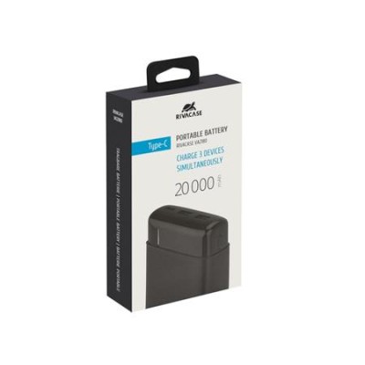 Hordozható akkumulátor, USB-A/USB-C, 20000mAh, 10W, RIVACASE "VA2180", fekete