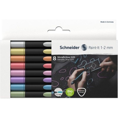 Metálfényű filctoll készlet, 1-2 mm, SCHNEIDER "Paint-It 020", 8 különböző szín