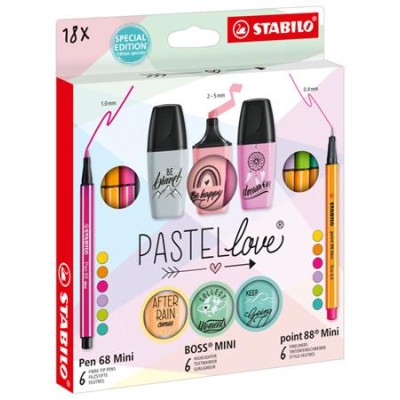 Írószer szett, STABILO, "Mini World Pastellove", 18 különböző szín