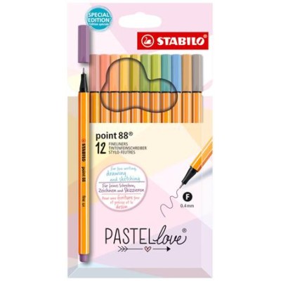 Tűfilc készlet, 0,4 mm, STABILO "Point 88 Pastellove", 12 különböző szín